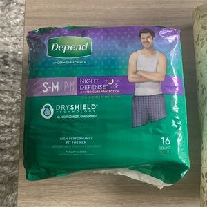 NWT Depend Men's Night Defense Incontinence Underwear Size S-M/P-M 16 Count